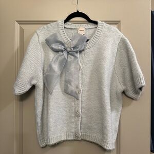 Maeve Light Blue Bow-Accent Short-Sleeve Sweater